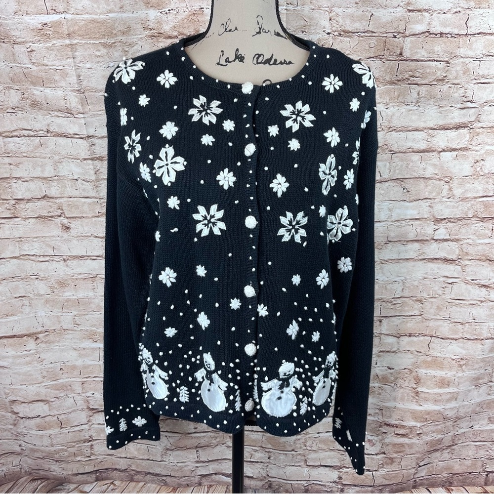 Baxter & Wells Christmas Snowflake Snowman Embroidered Cardigan Sweater Petite M